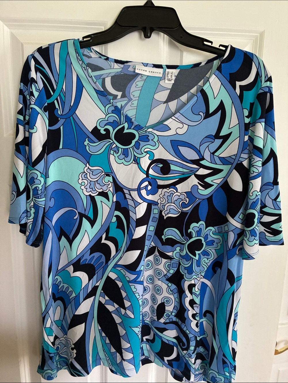 Women's Blue Mixed-Print V-Neck Top by Susan Graver - Picture 4 of 4